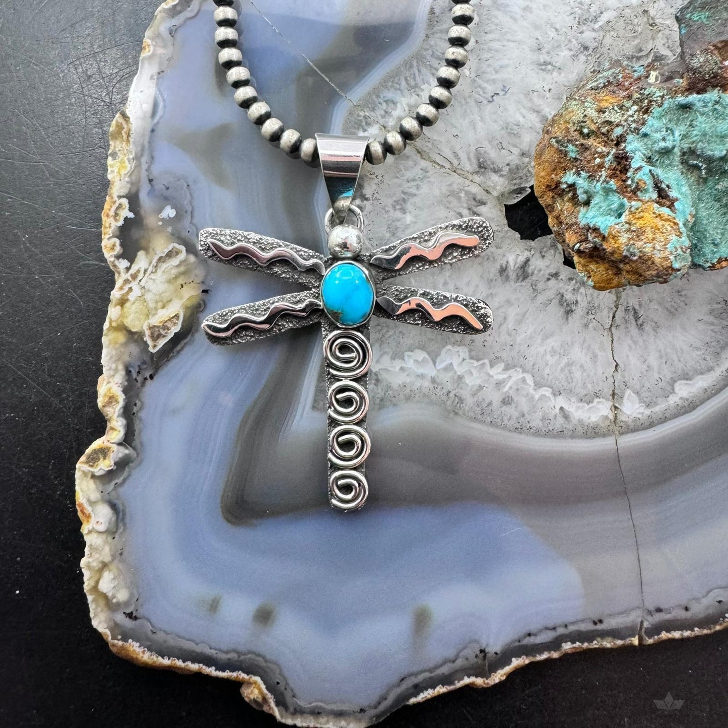 Alex Sanchez Native American Sterling Silver Turquoise & Petroglyph Dragonfly Unisex Pendant