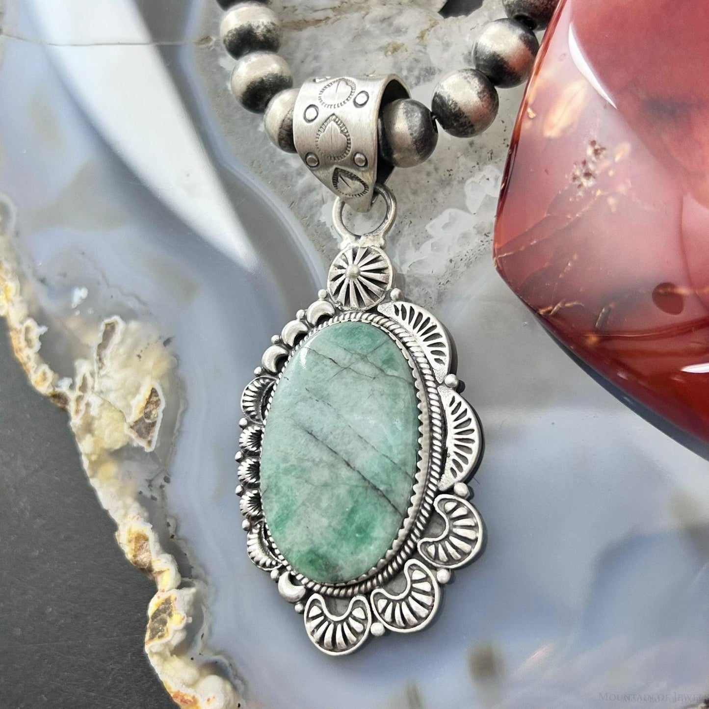 Sterling Silver Southwestern Style Oval Emerald Decorated Pendant For Women