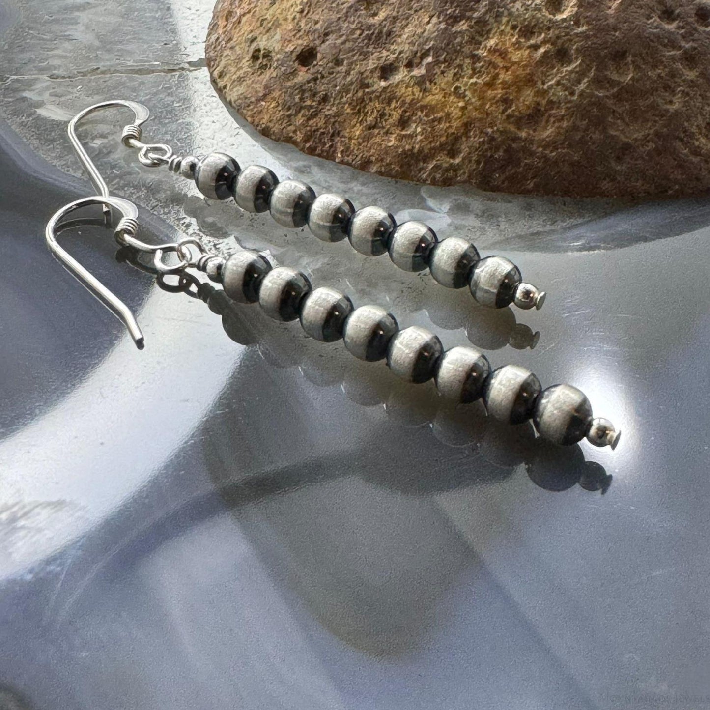 Native American Sterling Silver #8 Navajo Pearl Beads Row Dangle Earrings For Women