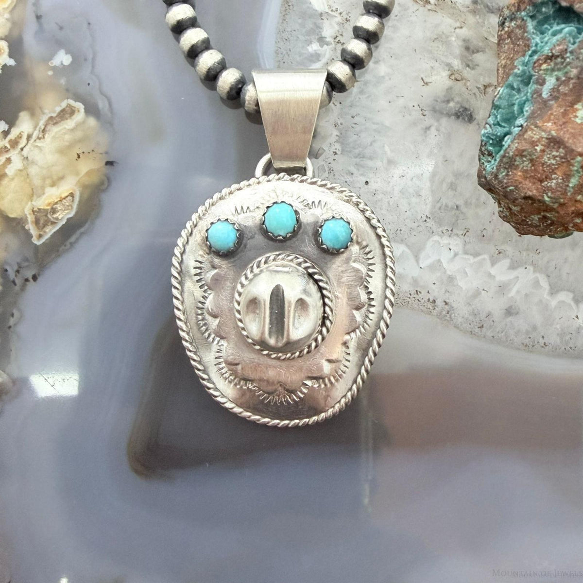 Running Bear Native American Sterling Silver Turquoise Cowboy Hat Unisex Pendant