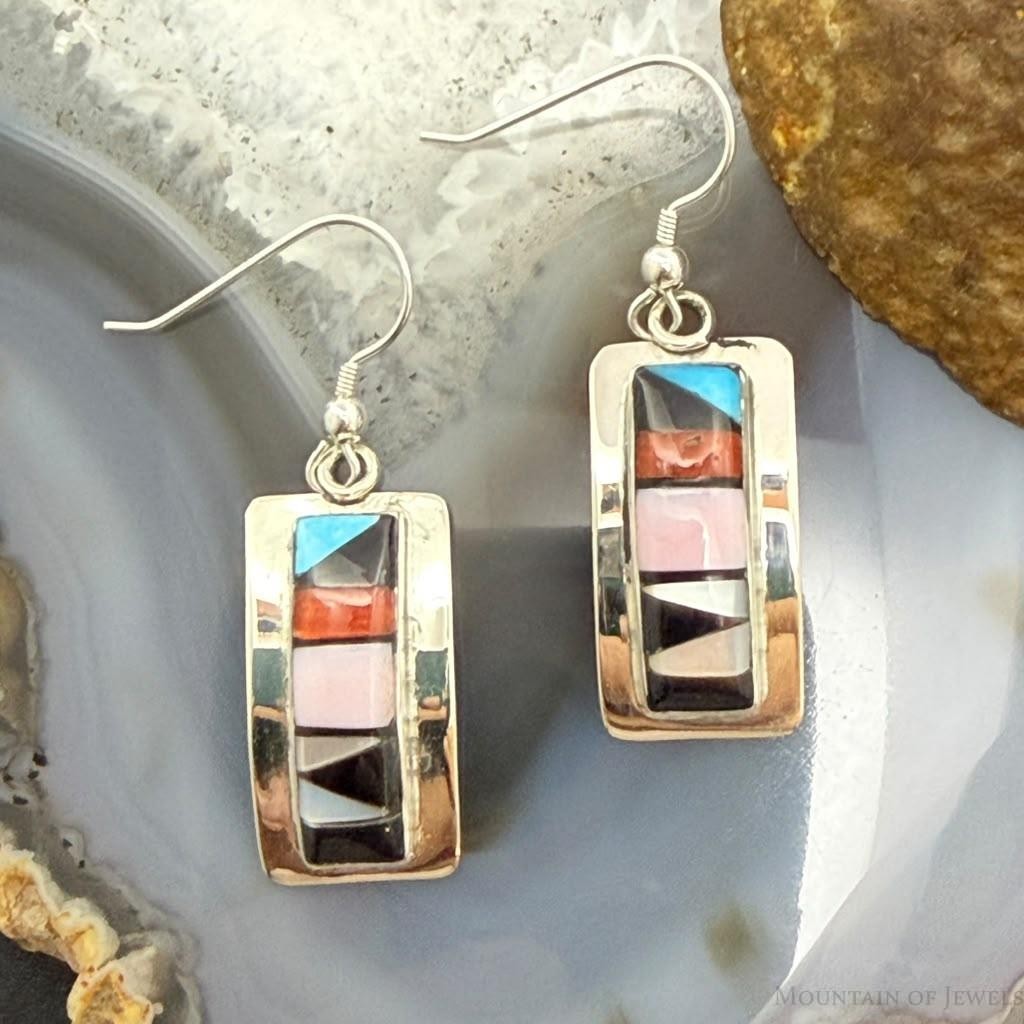 Sheryl Edaakie Zuni Sterling Silver Multistone Inlay Rectangle Dangle Earrings For Women #1