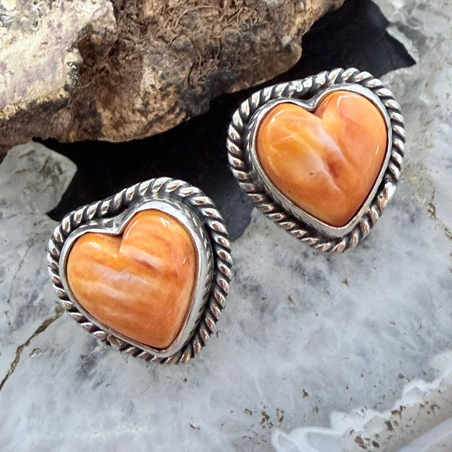 Native American Sterling Silver Orange Spiny Oyster Heart Post Earrings For Women