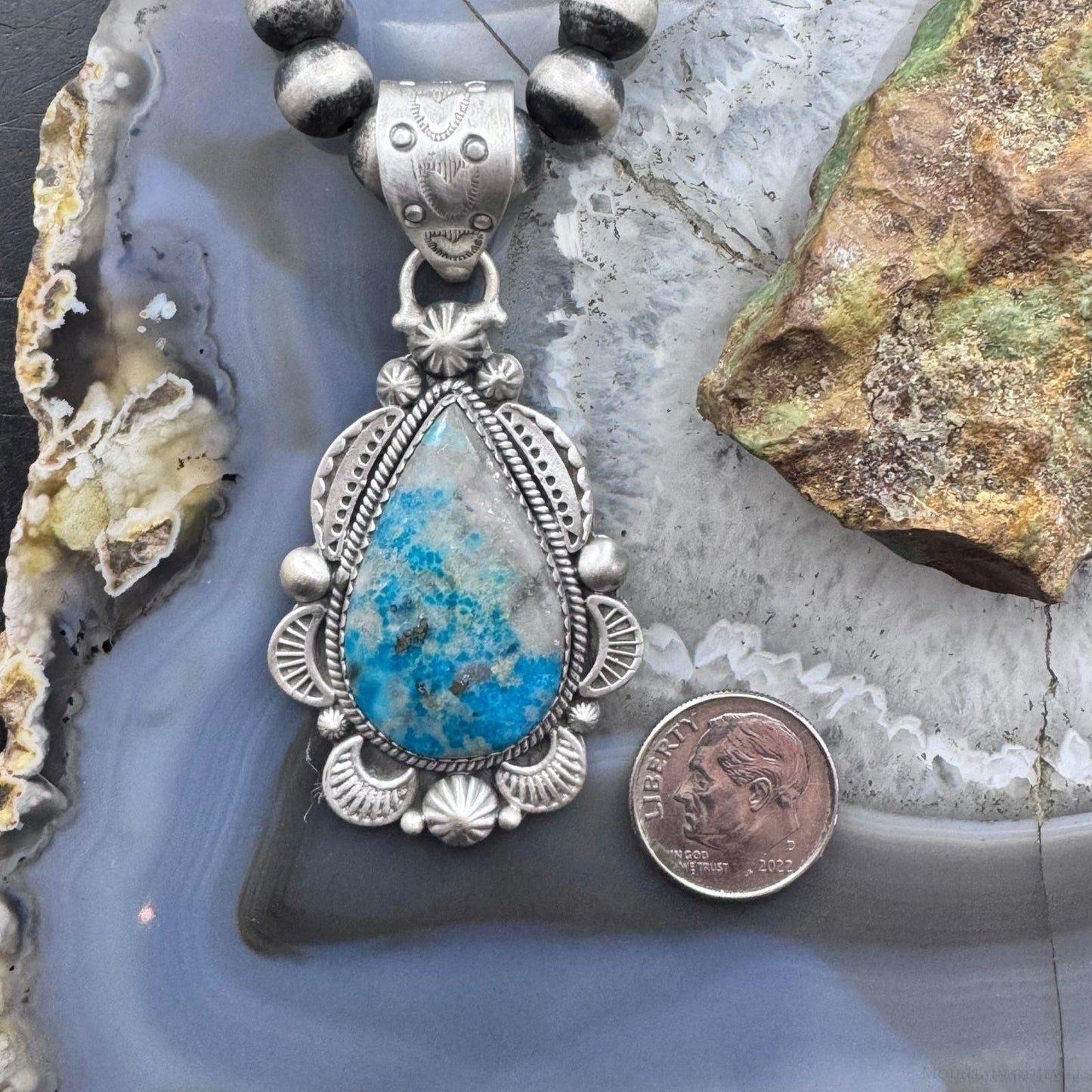 Sterling Silver Southwestern Style Teardrop Iranian Turquoise Decorated Pendant For Women