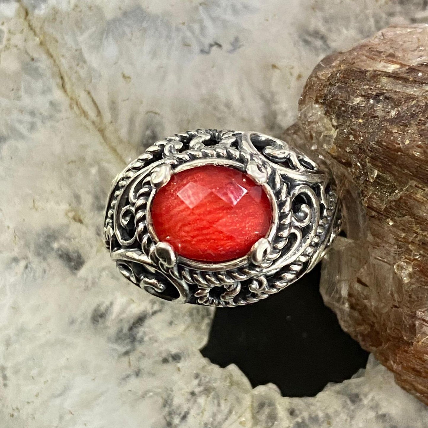 Carolyn Pollack Sterling Silver Oval Red Coral & Faceted Quartz Decorated Doublet Ring For Women