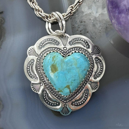QT Quoc Sterling Silver Southwestern Style Turquoise Heart Pendant For Women