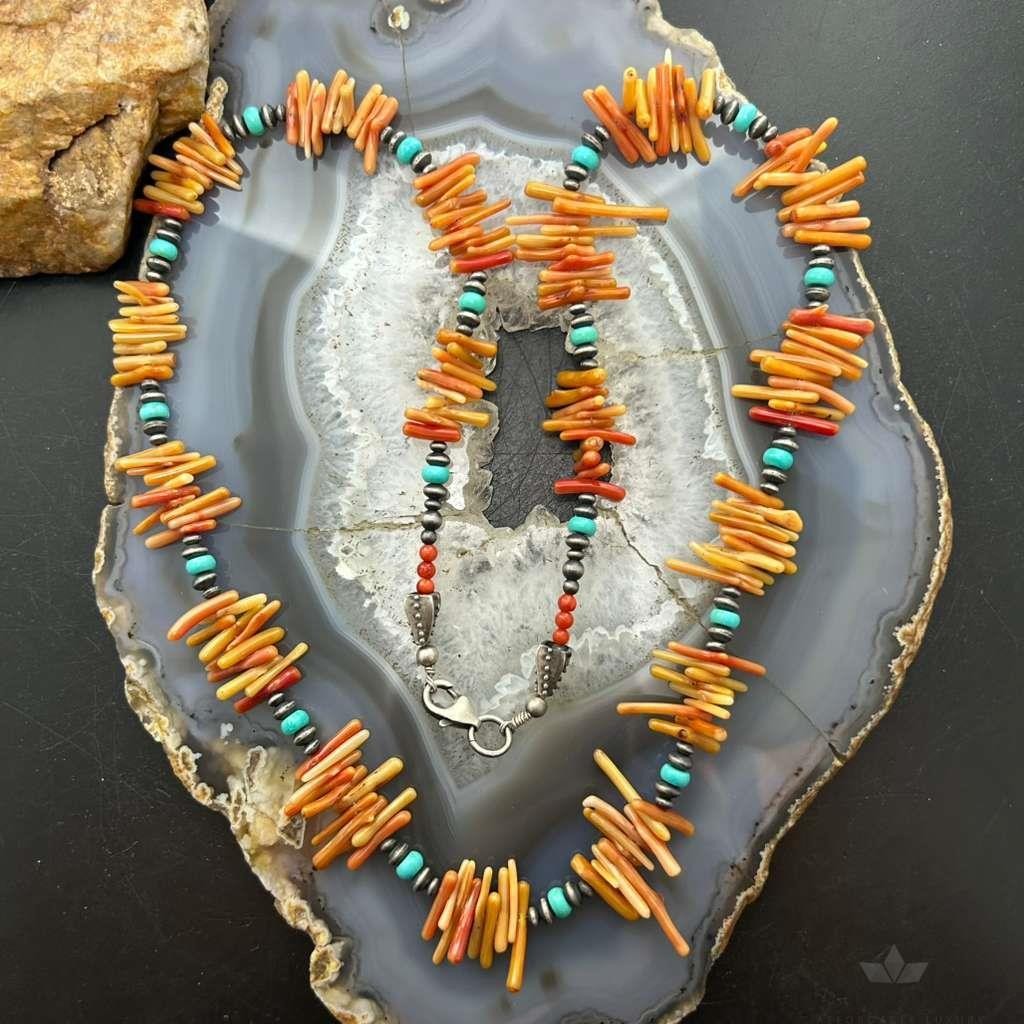 Native American Natural Coral, Turquoise Beads 24" Necklace For Women