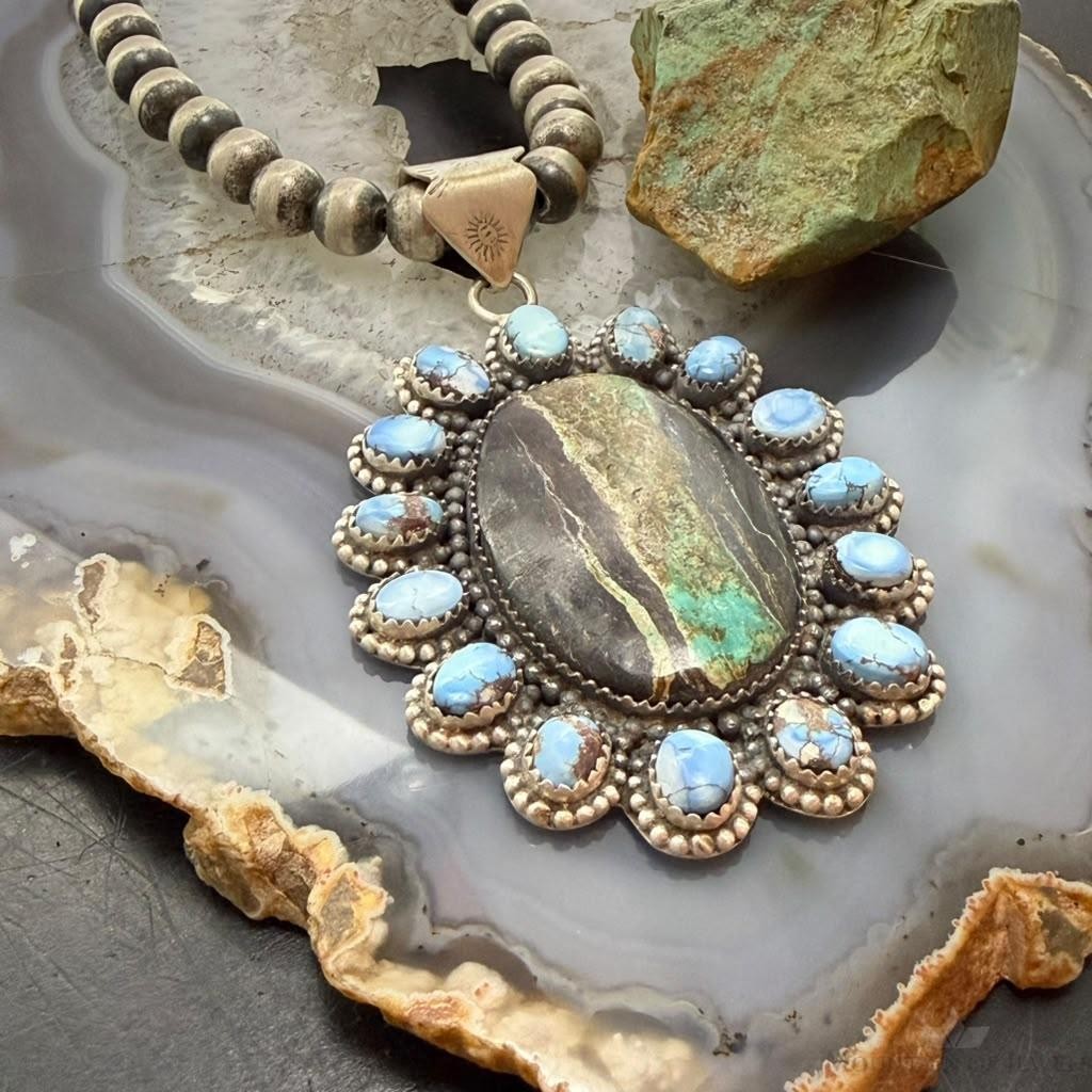 Sterling Silver Southwestern Style Blackjack &Golden Hill Turquoise Cluster Pendant For Women