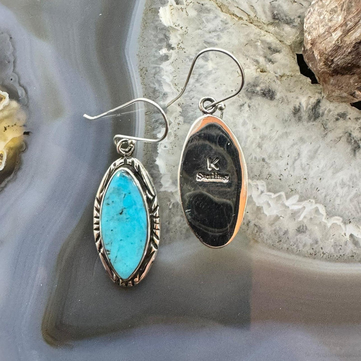 Native American Sterling Silver Marquise Turquoise Dangle Earrings For Women