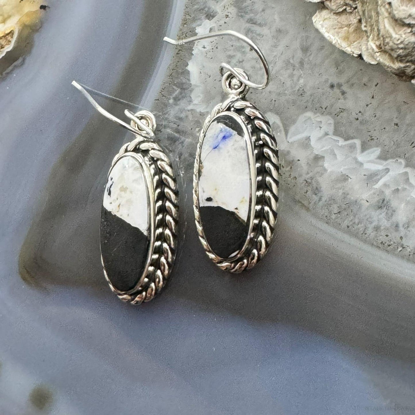 Native American Sterling Silver Oval White Buffalo Dangle Earrings For Women.