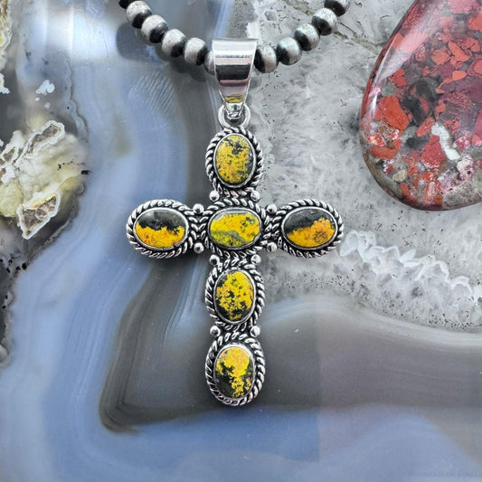 Native American Sterling Silver Bumblebee Jasper Decorated Unisex Cross Pendant