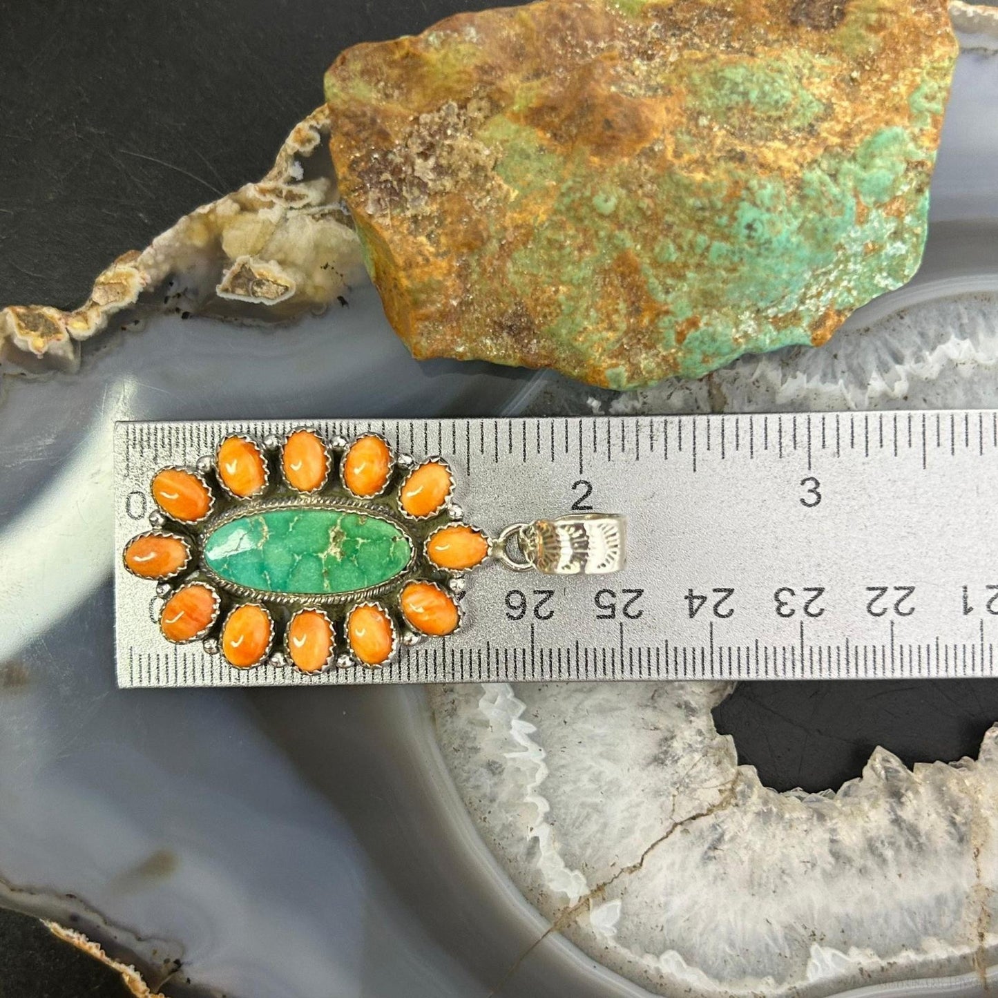 Sterling Silver Southwestern Spiny Oyster & Emerald Valley Turquoise Cluster Pendant For Women