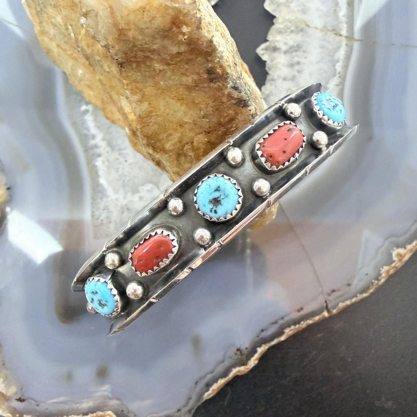 Reed Charley Native American Sterling Silver Turquoise & Coral Row Bracelet For Women