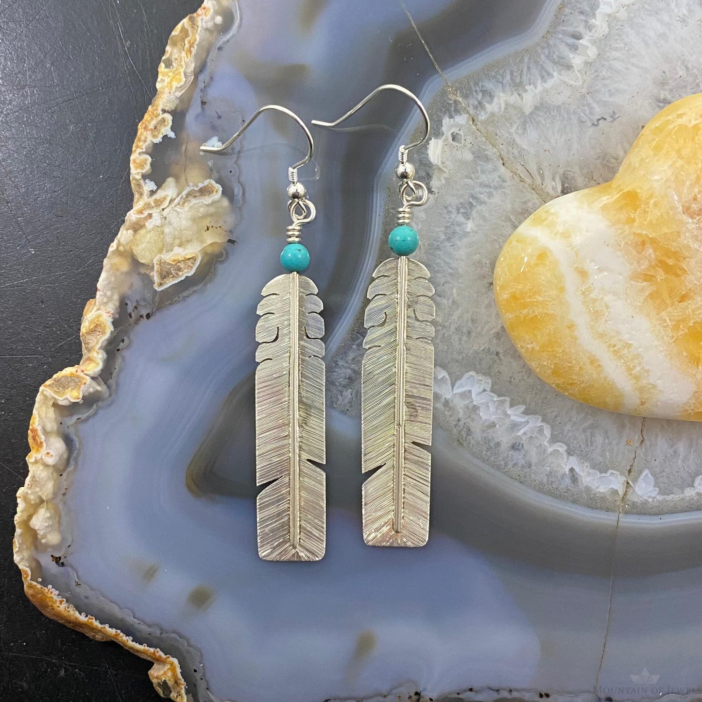 David Kuticka Native American Sterling Silver Feather w/Turq Dangle Earrings #1