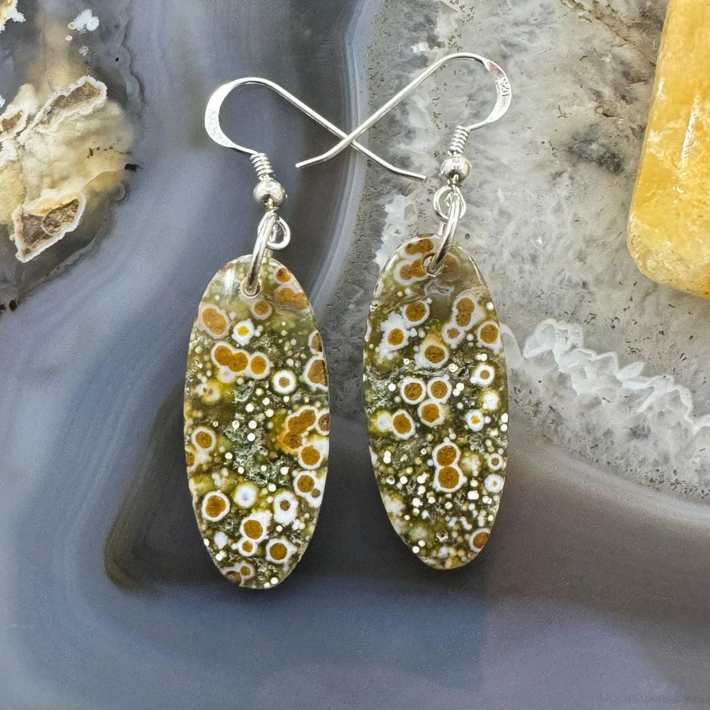 Sterling Silver Oval River Jasper Slab Dangle Earrings For Women #202