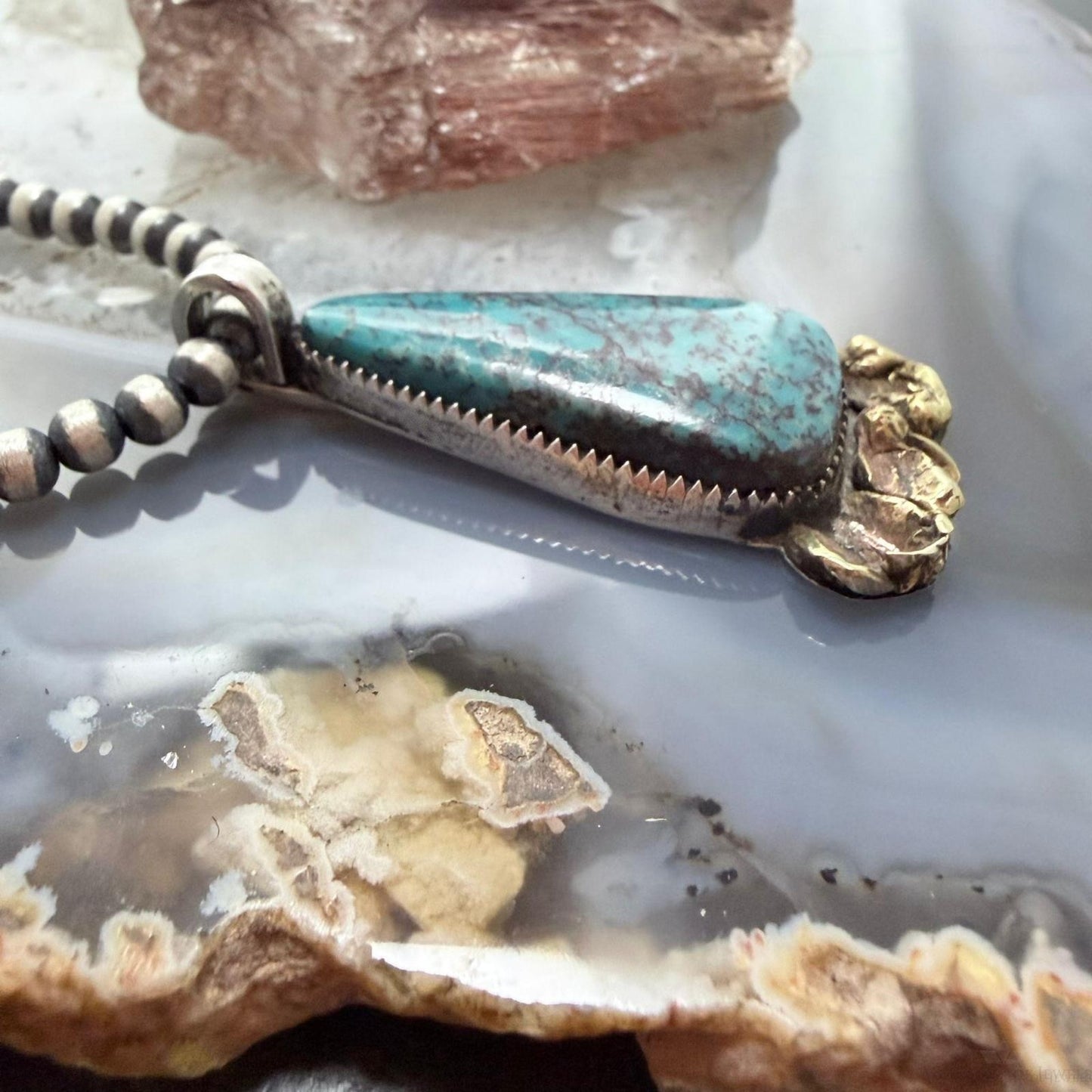 Anthony Lujan Taos Puablo Silver & Brass Triangle Turquoise Pendant For Women