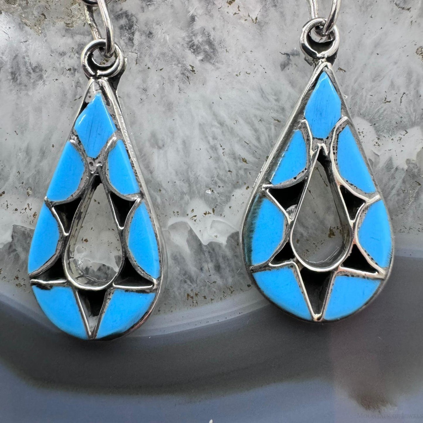 Emma Bowekaty Sterling Silver Turquoise Zuni Inlay Dangle Earrings For Women