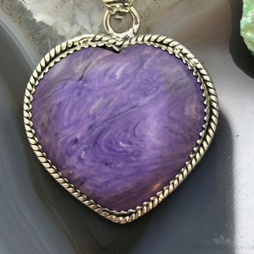 Sterling Silver Southwestern Style Charoite Heart Pendant For Women #3
