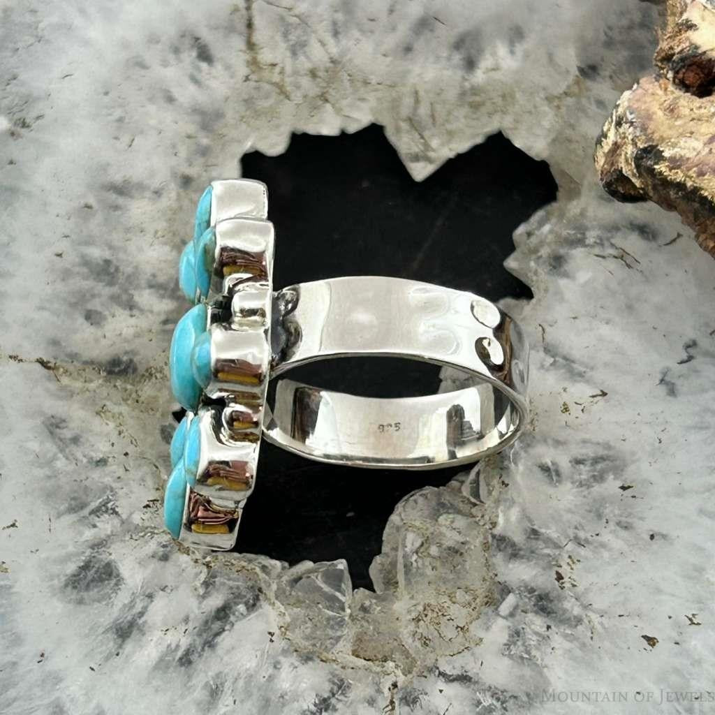 Sterling Southwestern Style Mohave Turquoise Cluster Ring Size 7.5 For Women