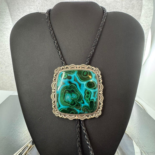 Sterling Silver Southwestern Style Square Azurite Malachite Bolo Tie For Men