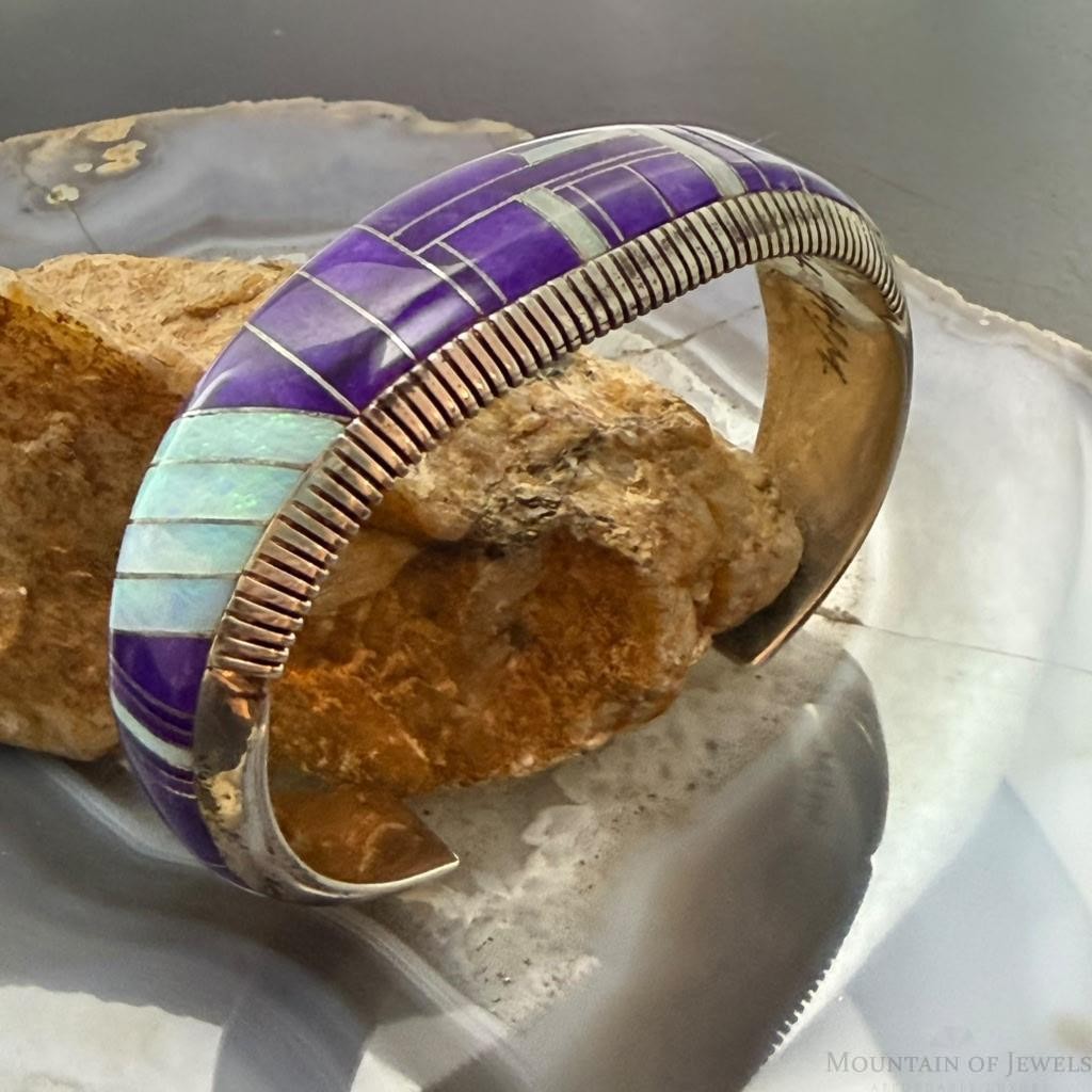 Vintage Native American Sterling Silver Sugilite & Opal Inlay Bracelet For Women