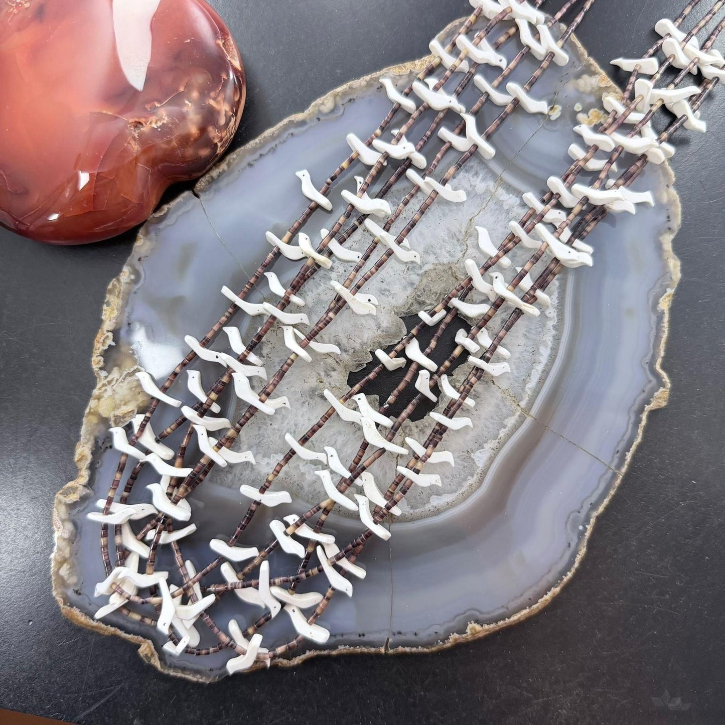Vintage native American Sterling Silver 5 Strands White Shell Carved Fetish Bird Necklace For Women