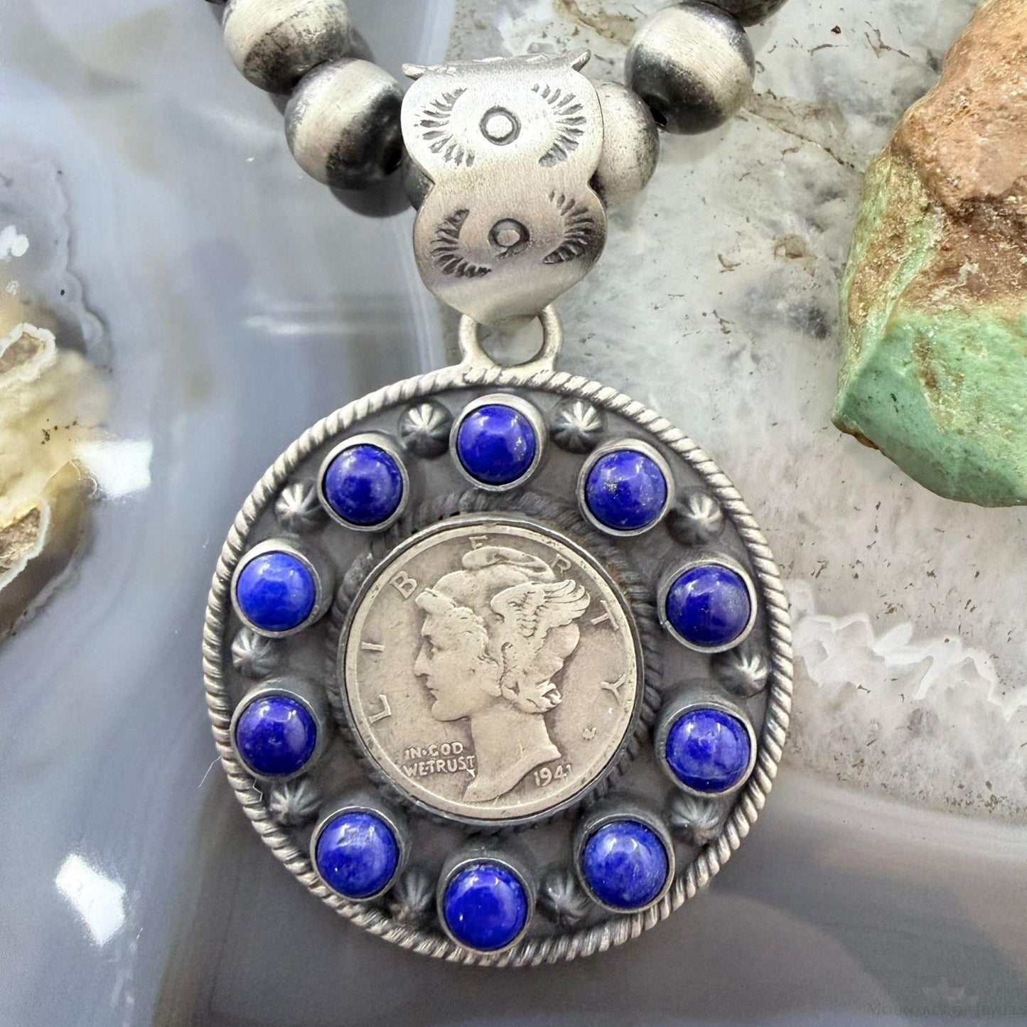 Genuine 1941 90% Silver Mercury Dime Coin w/Lapis Decorated Unisex Pendant