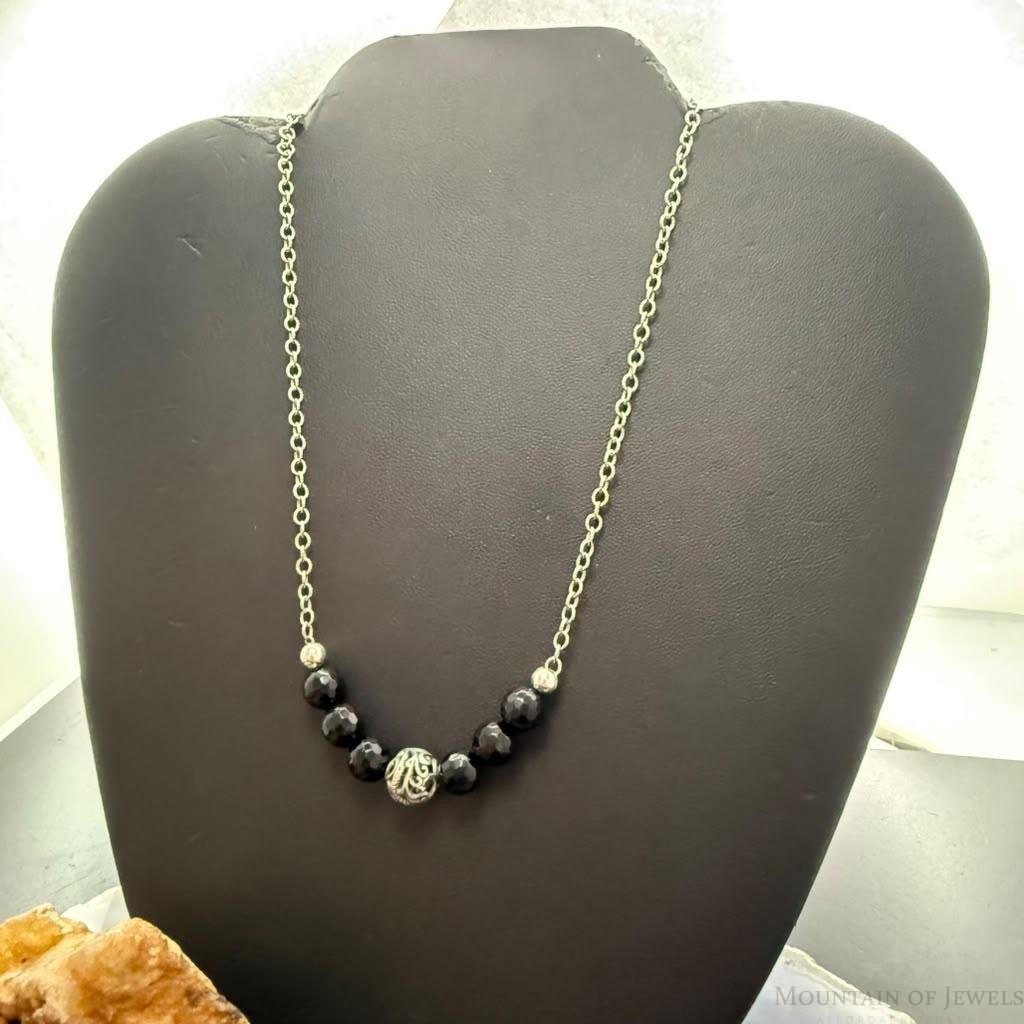 Carolyn Pollack Sterling Silver 6 Faceted Onyx w/Swirl Beads 15"-14" Necklace For Women