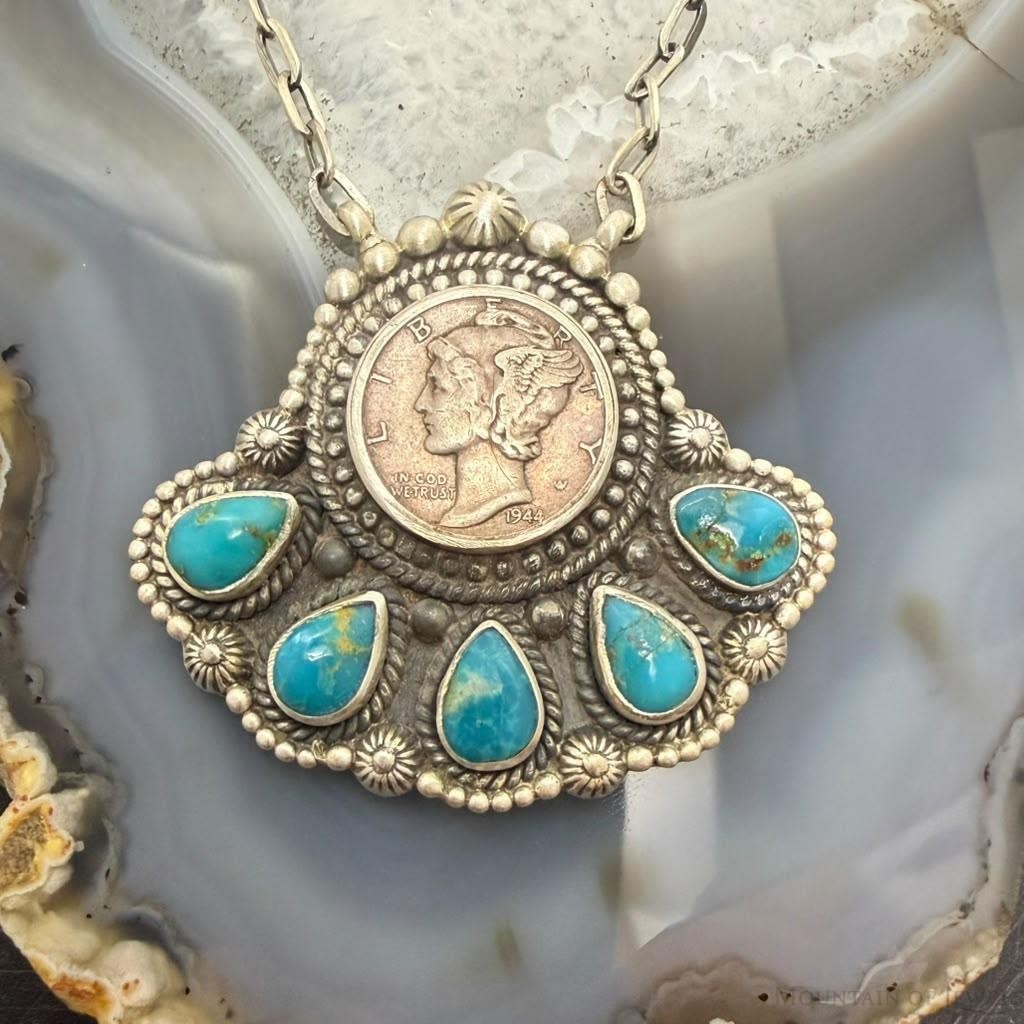 Sterling Silver Southwestern Style 1944 Mercury Dime & Kingman Turquoise Necklace For Women