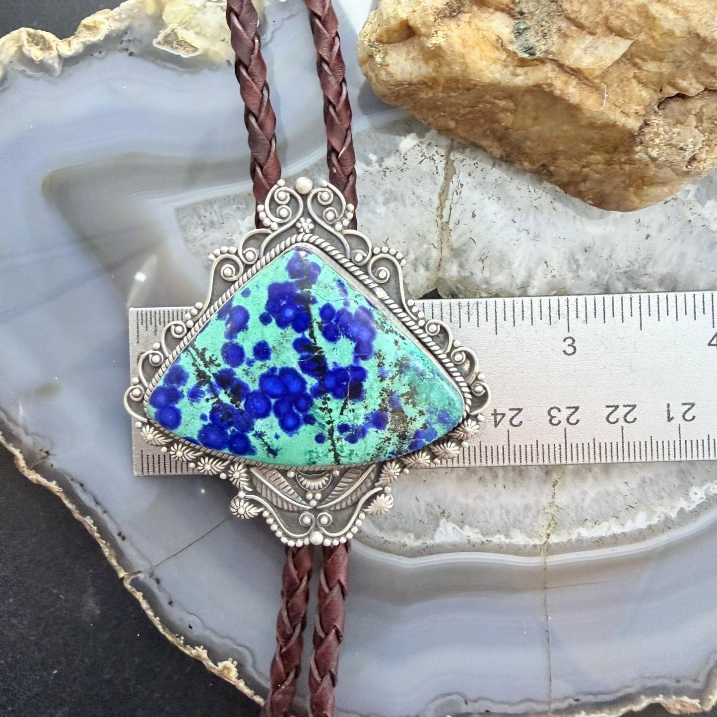 Sterling Silver Southwestern Style Large Triangle Malachite Azurite Bolo Tie For Men