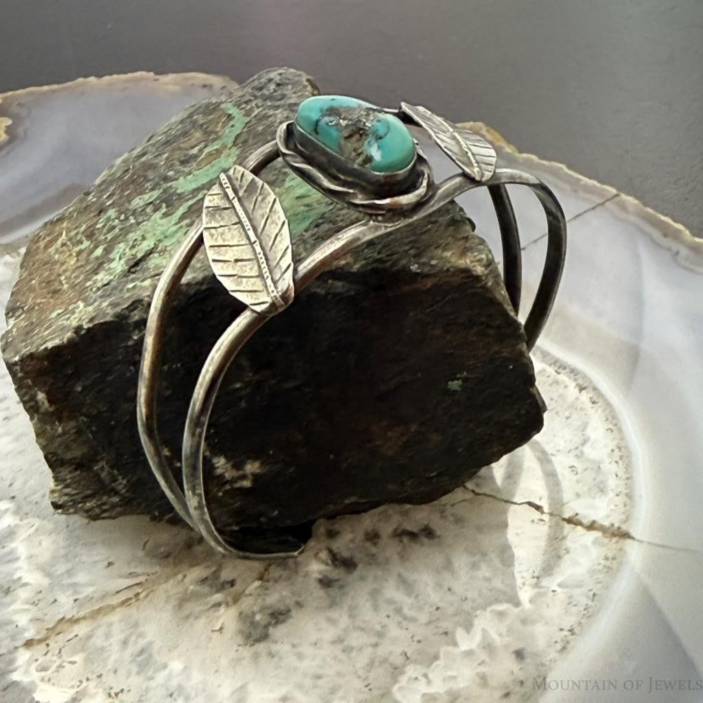 Vintage Native American Silver Leaf & Turquoise Split Shank Bracelet For Women