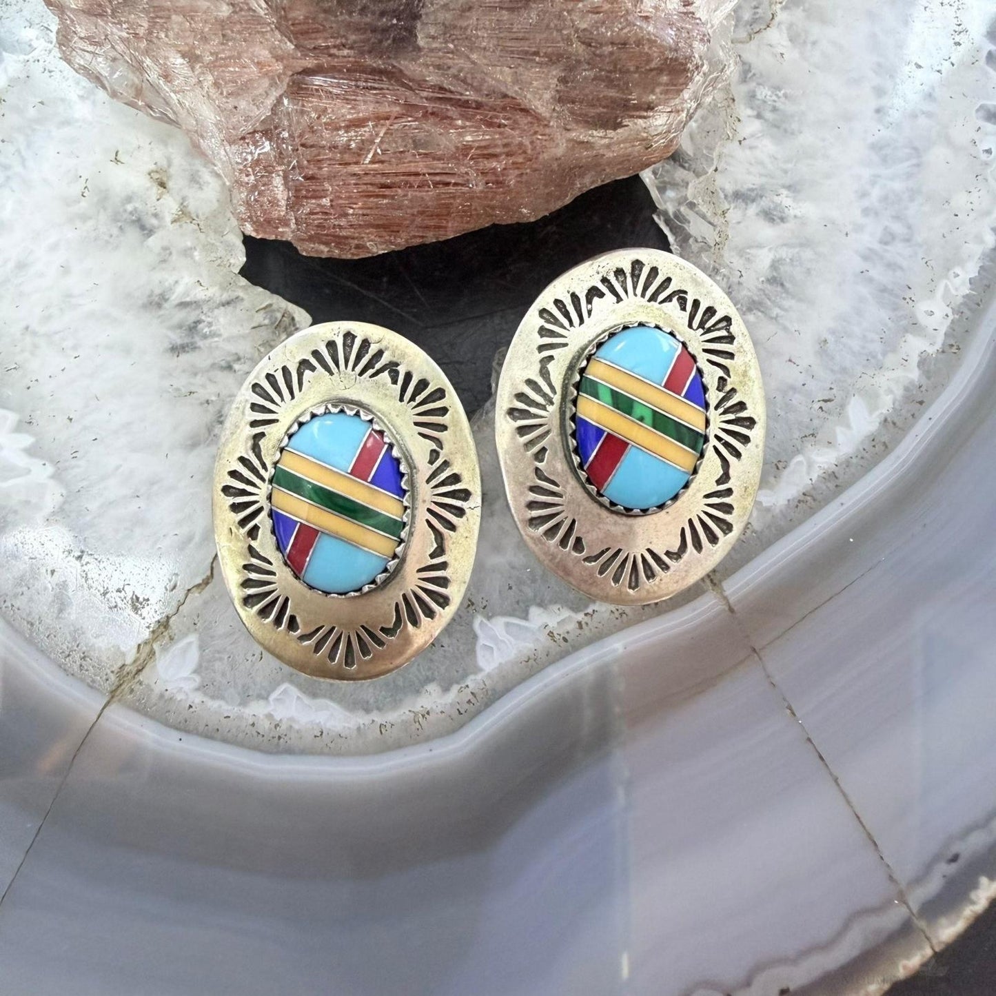 Signed Native American Sterling Silver Multi Stone Inlay Post Earrings For Women