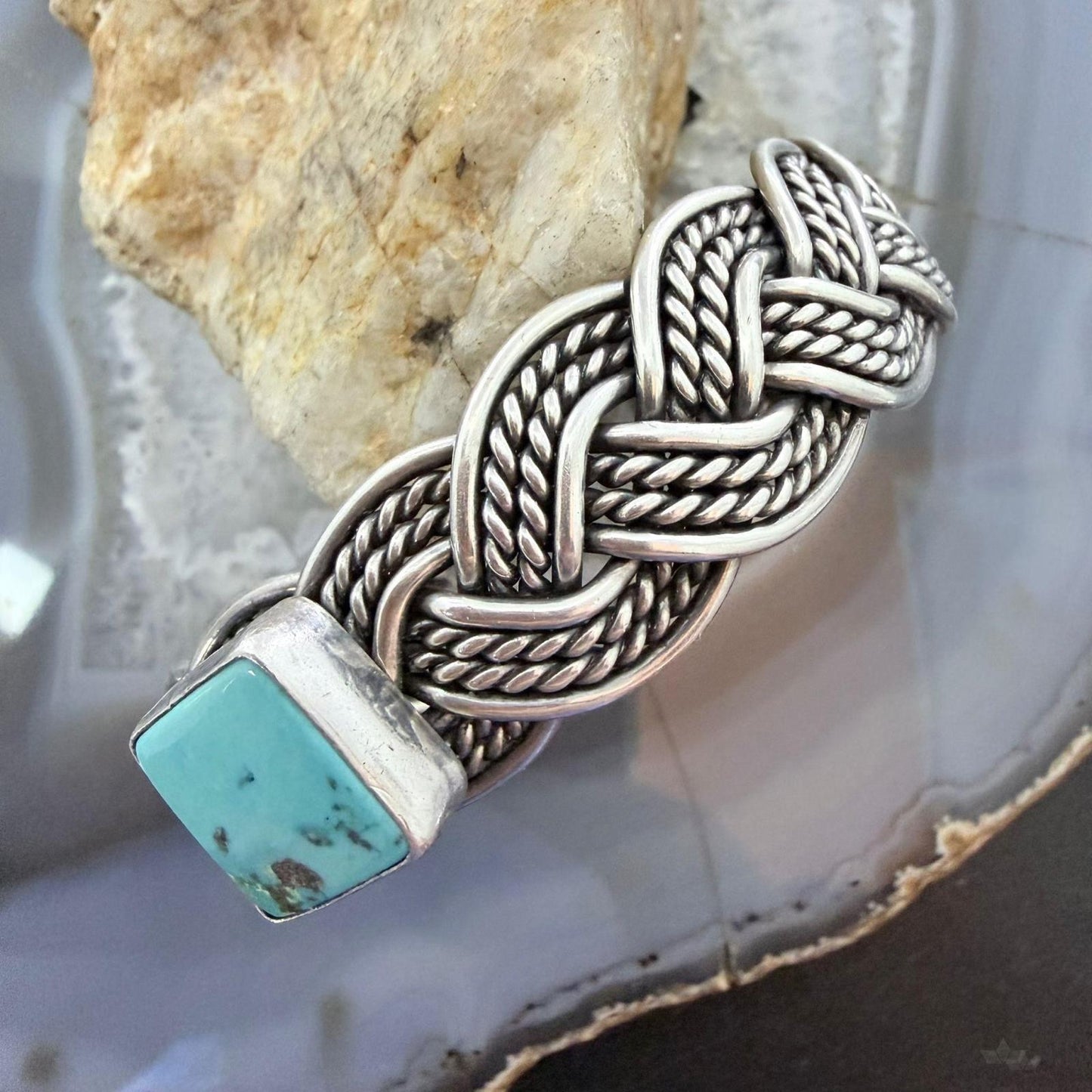 Sterling Silver Woven Rope With Square Turquoise Fashion Bracelet For Women