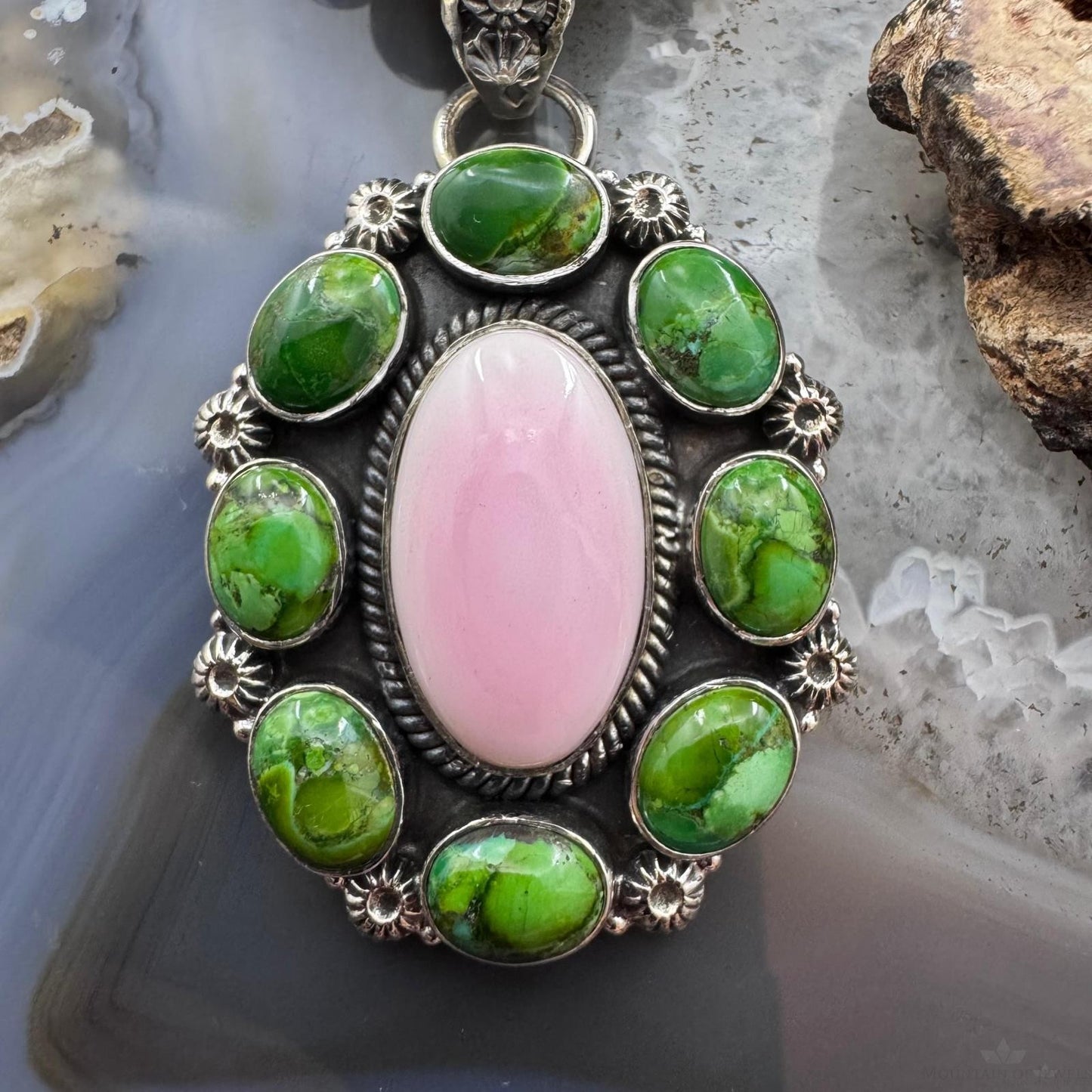 Native American Sterling Silver Sonora Gold Turquoise & Pink Conch Cluster Pendant For Women