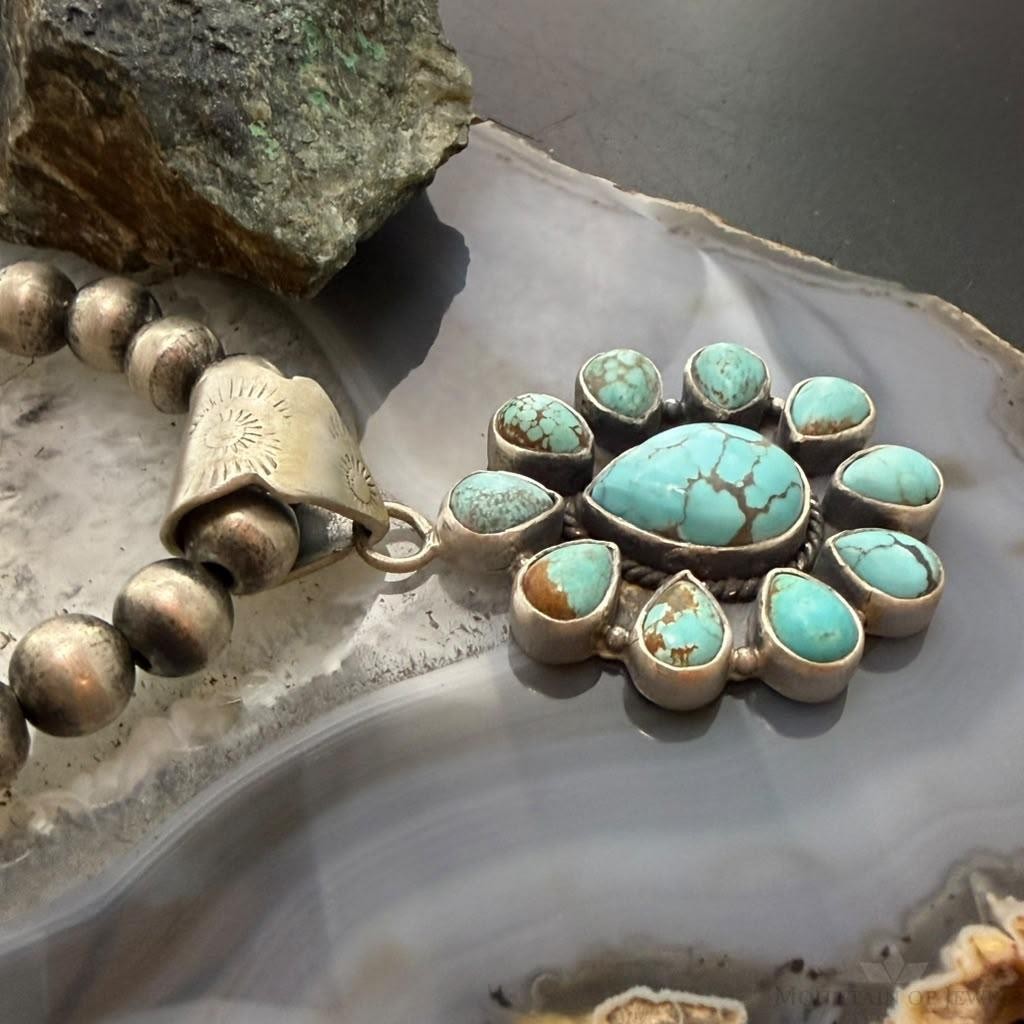 Sterling Silver Southwestern Style Teardrop Royston Turquoise Decorated Cluster Pendant