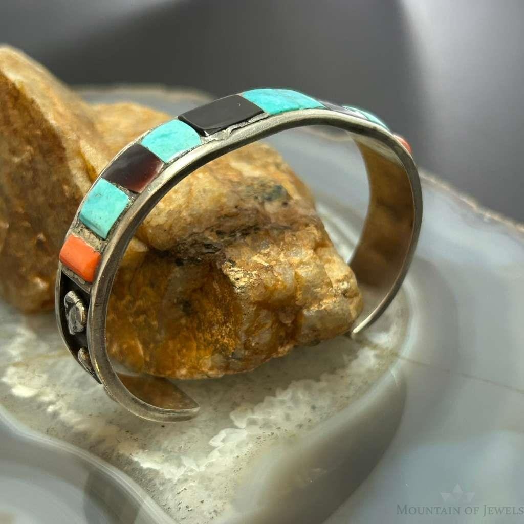 Vintage Earl Bowekaty Zuni Native American Silver Inlay Bracelet For Women
