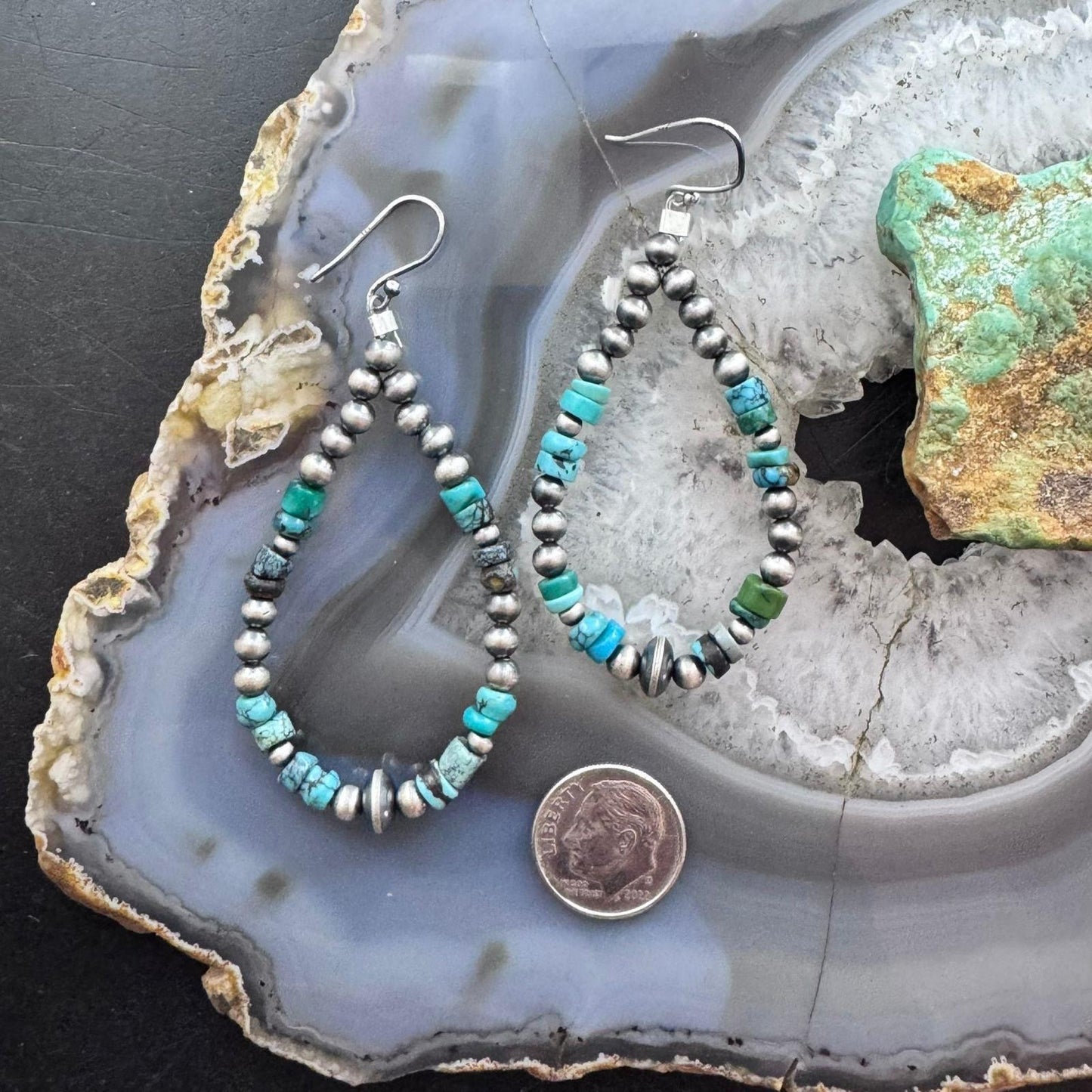 Sterling Silver Southwestern Style Navajo Pearl & Turquoise Bead Hoop Earrings For Women