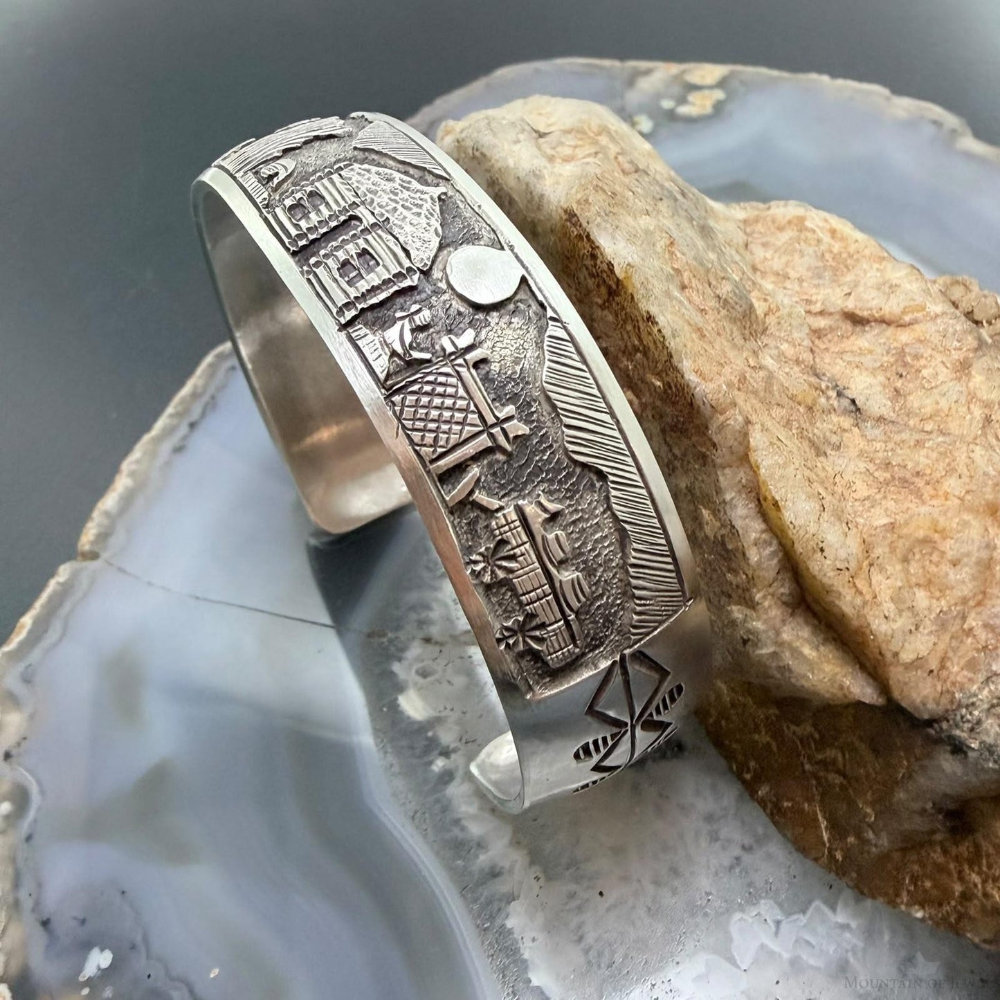 Alex Becenti Native American Sterling Silver Village Life Storyteller Unisex Bracelet