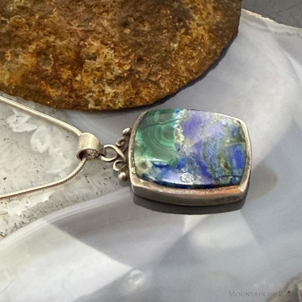 Vintage Sterling Silver square Azurite Malachite Fashion Pendant For Women
