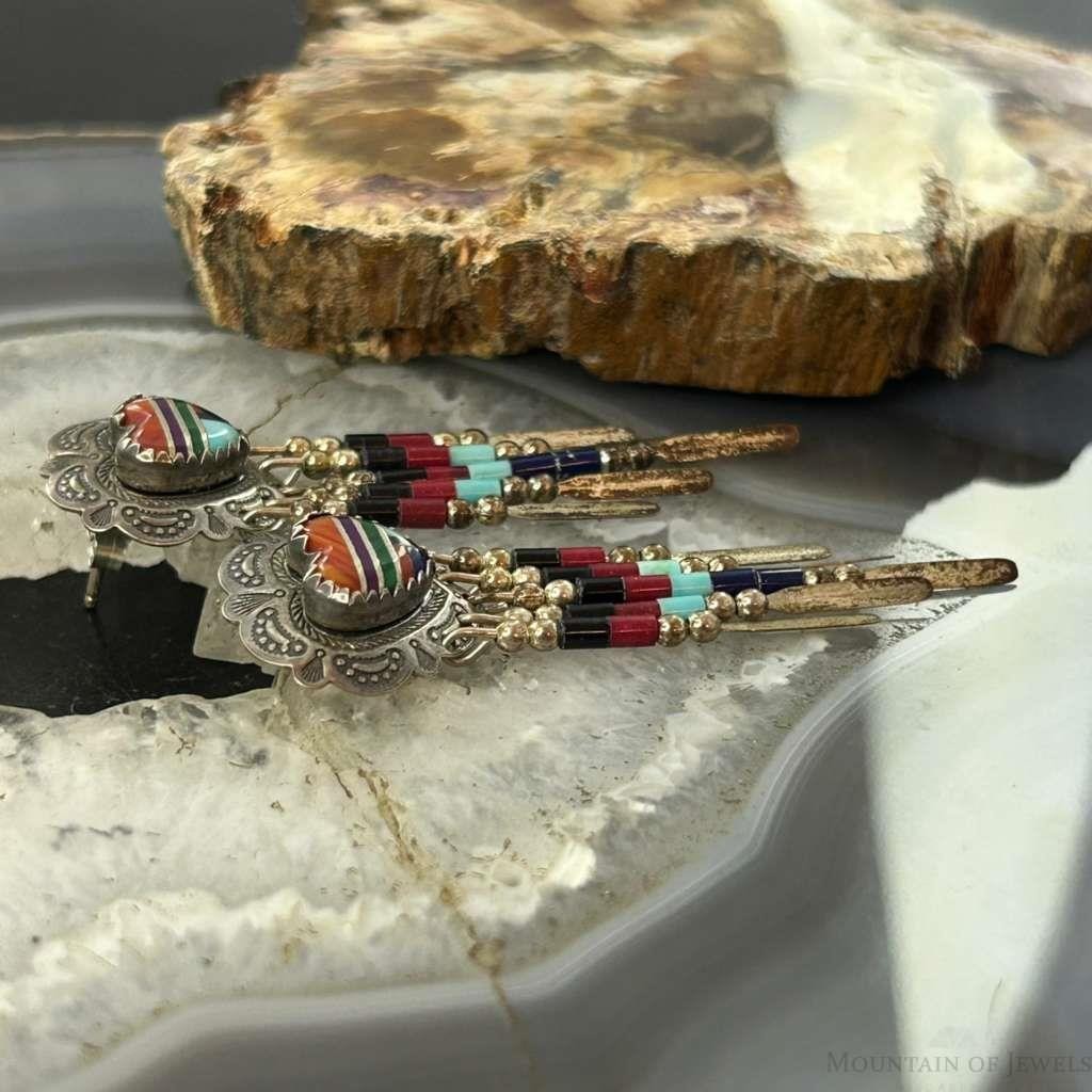 Q.T Quoc Vintage Sterling Sillver Multistone Inlay Heart Dangle Earrings For Women