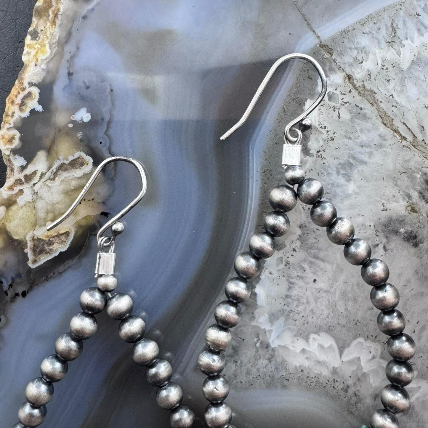 Sterling Silver Southwestern Style Navajo Pearl & Turquoise Bead Hoop Earrings For Women