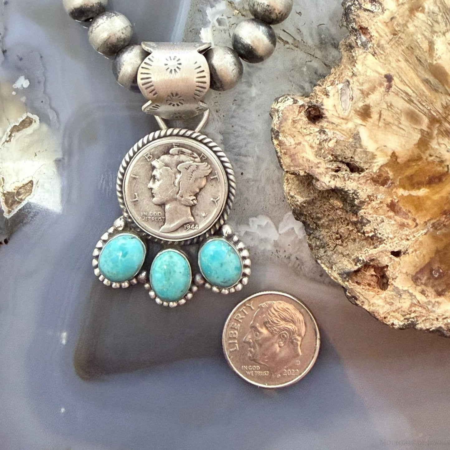 Genuine 1944 90% Silver Mercury Dime Coin w/Oval Turquoise Decorated Unisex Pendant