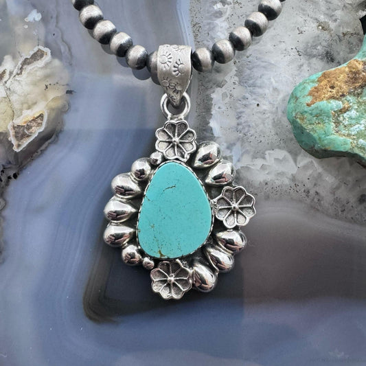 Sterling Silver Southwestern Style Teardrop Turquoise Decorated Pendant For Women