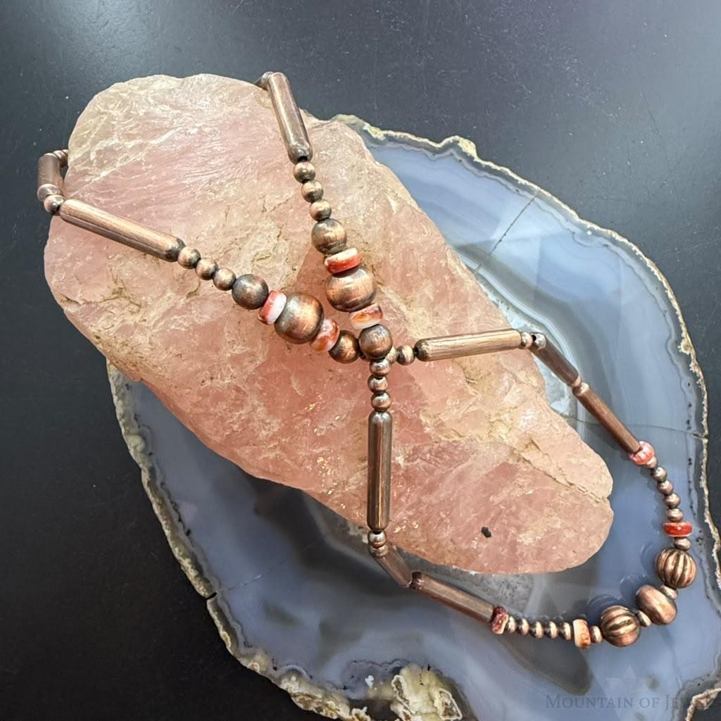 Copper Navajo Pearl Round & 25mm Cylinder & 6mm Spiny Oyster Beads 20" Necklace For Women