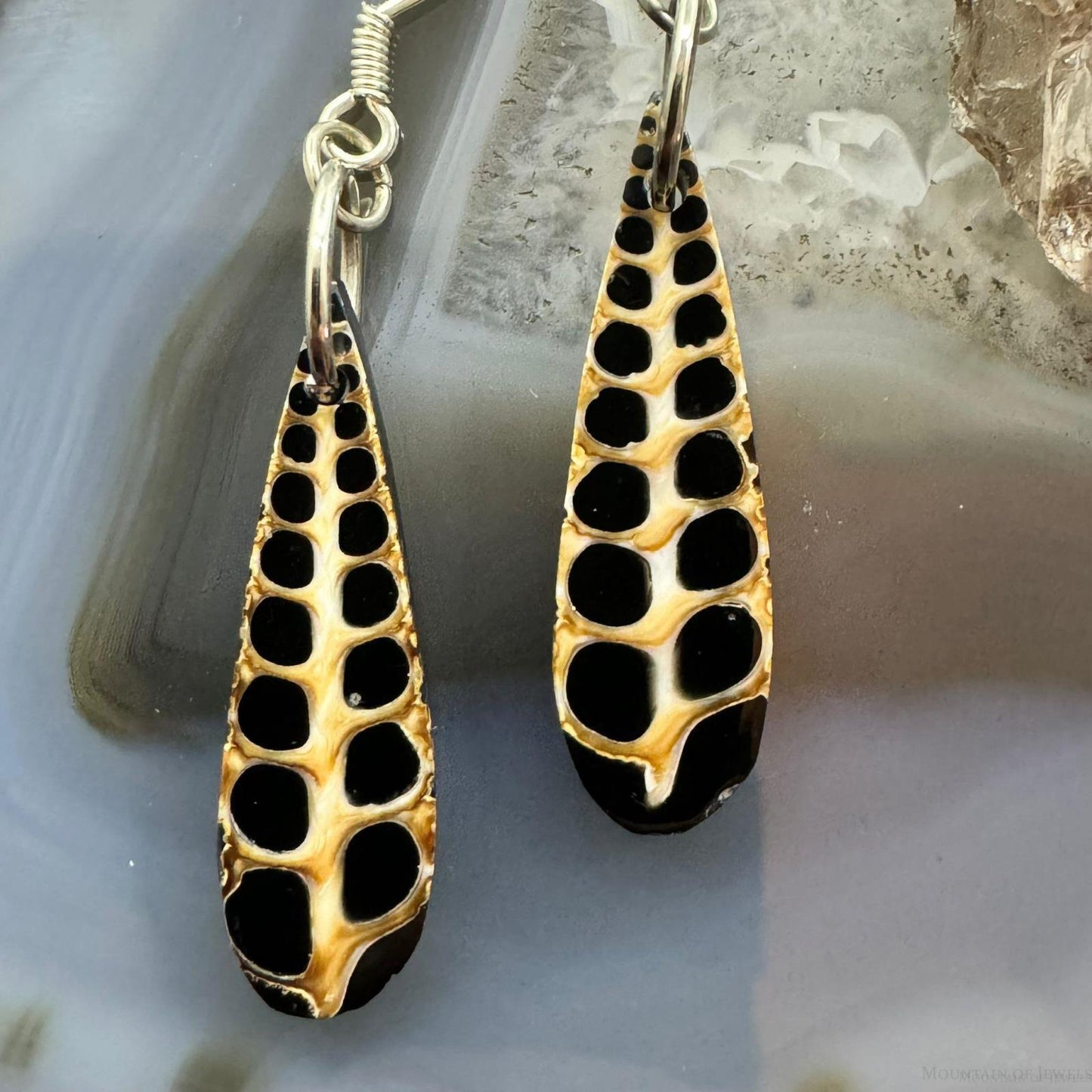 Sterling Silver Teardrop Turitella Fossil Slab Dangle Earrings For Women #232