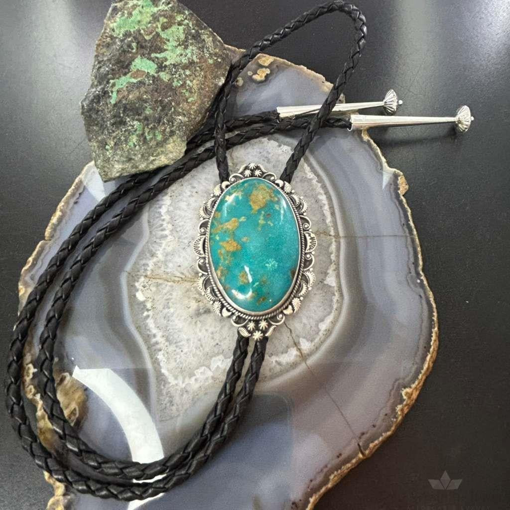Sterling Silver Southwestern Style Large Oval Turquoise Decorated Bolo Tie For Men