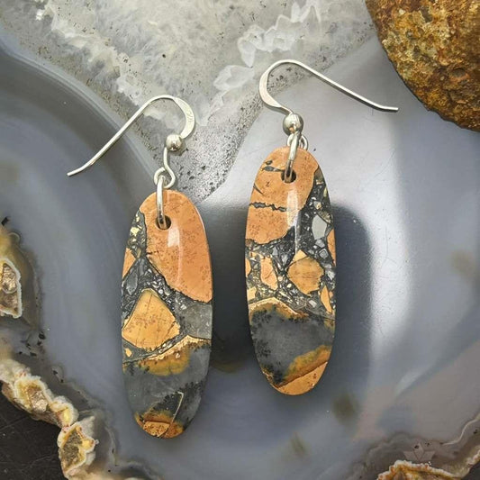 Sterling Silver Oval Maligano Jasper Slab Dangle Earrings For Women #532