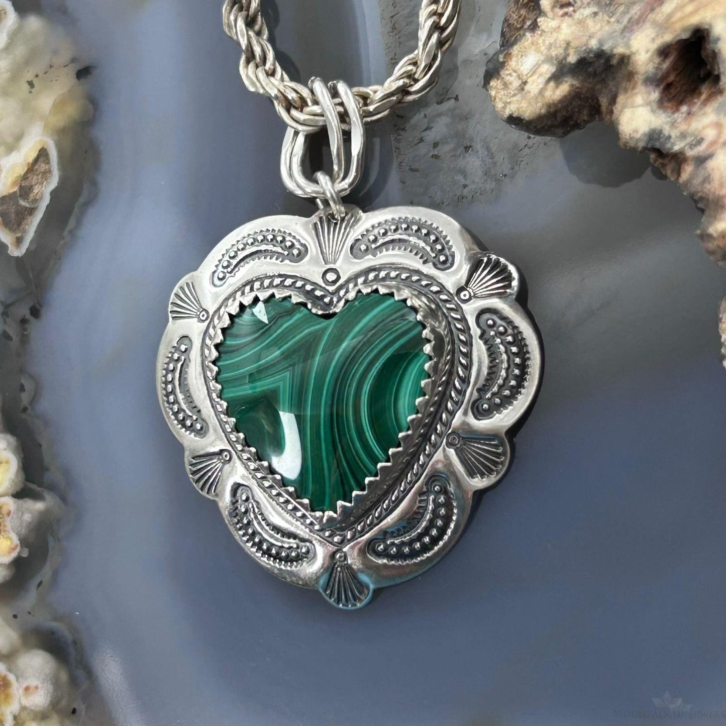 QT Quoc Sterling Silver Southwestern Style Malachite Heart Pendant For Women