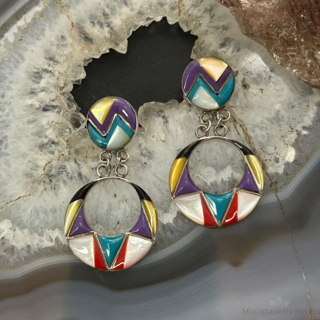 Sterling Silver Southwestern Style Multi Stone Inlay Dangle Earrings For Women