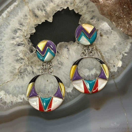 Sterling Silver Southwestern Style Multi Stone Inlay Dangle Earrings For Women