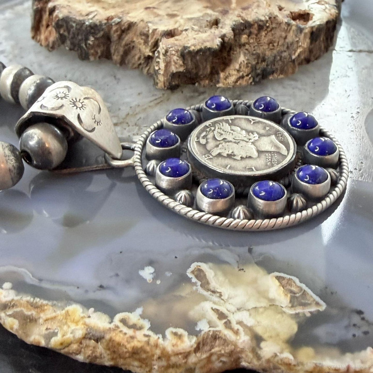 Genuine 1943 90% Silver Mercury Dime Coin w/Lapis Decorated Unisex Pendant #1